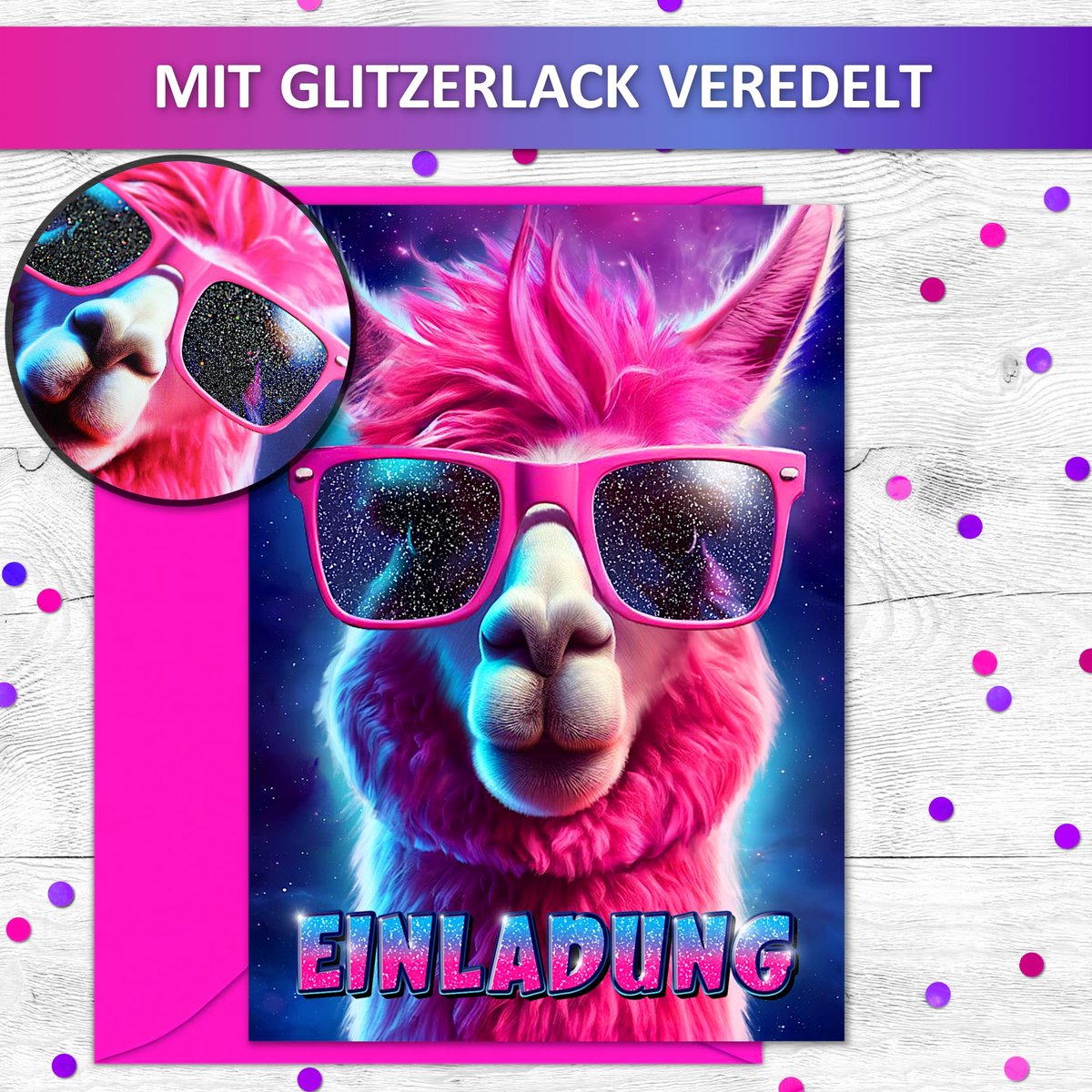 uitnodigingskaarten glitter lama 12 stuks - met enveloppen - vrolijke alpaca partykaarten - ShopVlot