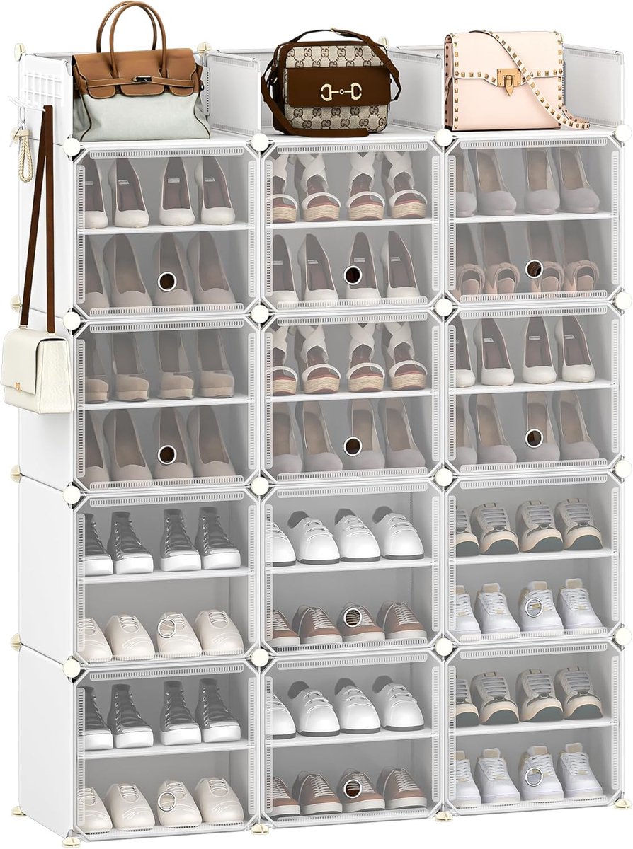 Hzuaneri Schoenenrek, 12 Verdiepingen Schoenenkast met Deuren en Haken, Voor 48 Paar Schoenen, 36 x 125 x 161 cm, Schoenenrek van Kunststof, Schoenenkast Voor Hal, Slaapkamer, Ingang, Wit