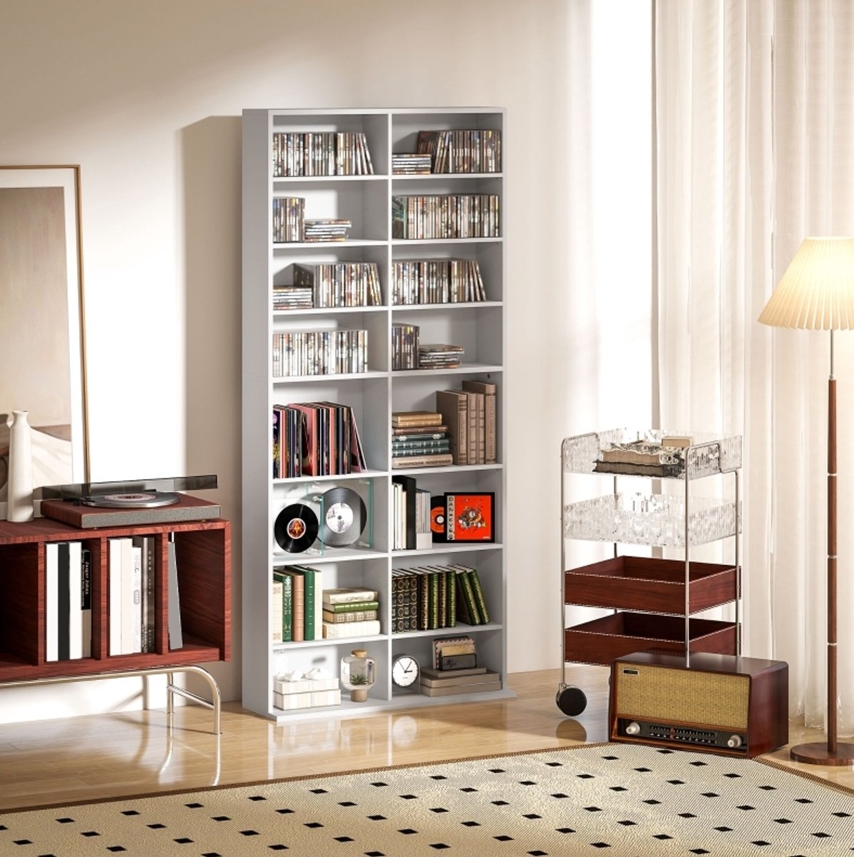 MIVRAY CD en DVD Opbergkast - Verstelbare Planken - 78,5 x 24 x 175 cm - Spaanplaat - Wit - Voor CD, DVD, Blu-ray en Boeken