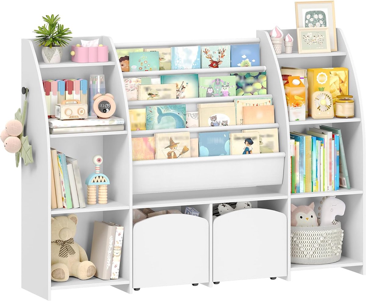 Hzuaneri Speelgoedopbergunits voor kinderen, boekenkast met planken en laden, speelgoedorganizer met displayrek voor slaapkamer, kinderkamer, speelkamer, kleuterschool, wit