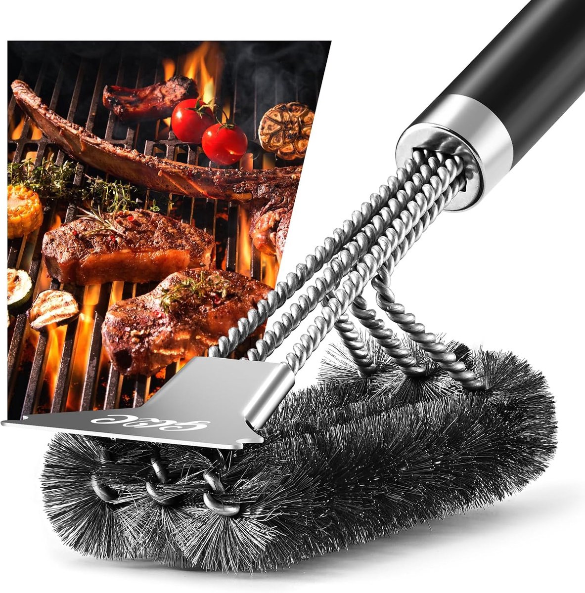 Grillborstel met extra lange roestvrijstalen borstelharen - warmte-isolerende handgreep - roestvrijstalen spatel - ShopVlot