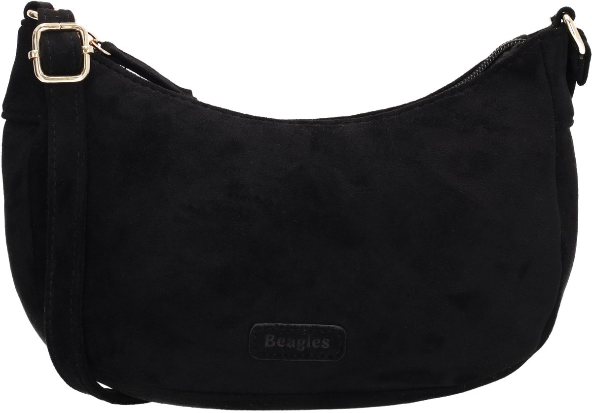 Beagles Chino Crossbodytas - Faux Suède - Schoudertas - Damestas - Halfrond Model - Ritssluiting - Verstelbare Schouderband - Zwart