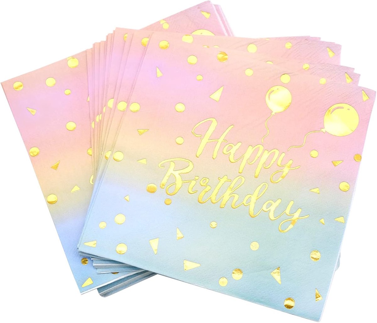 Verjaardagsservetten Happy Birthday - 2-laags pastel papier - Regenboogkleur met gouden print - ShopVlot