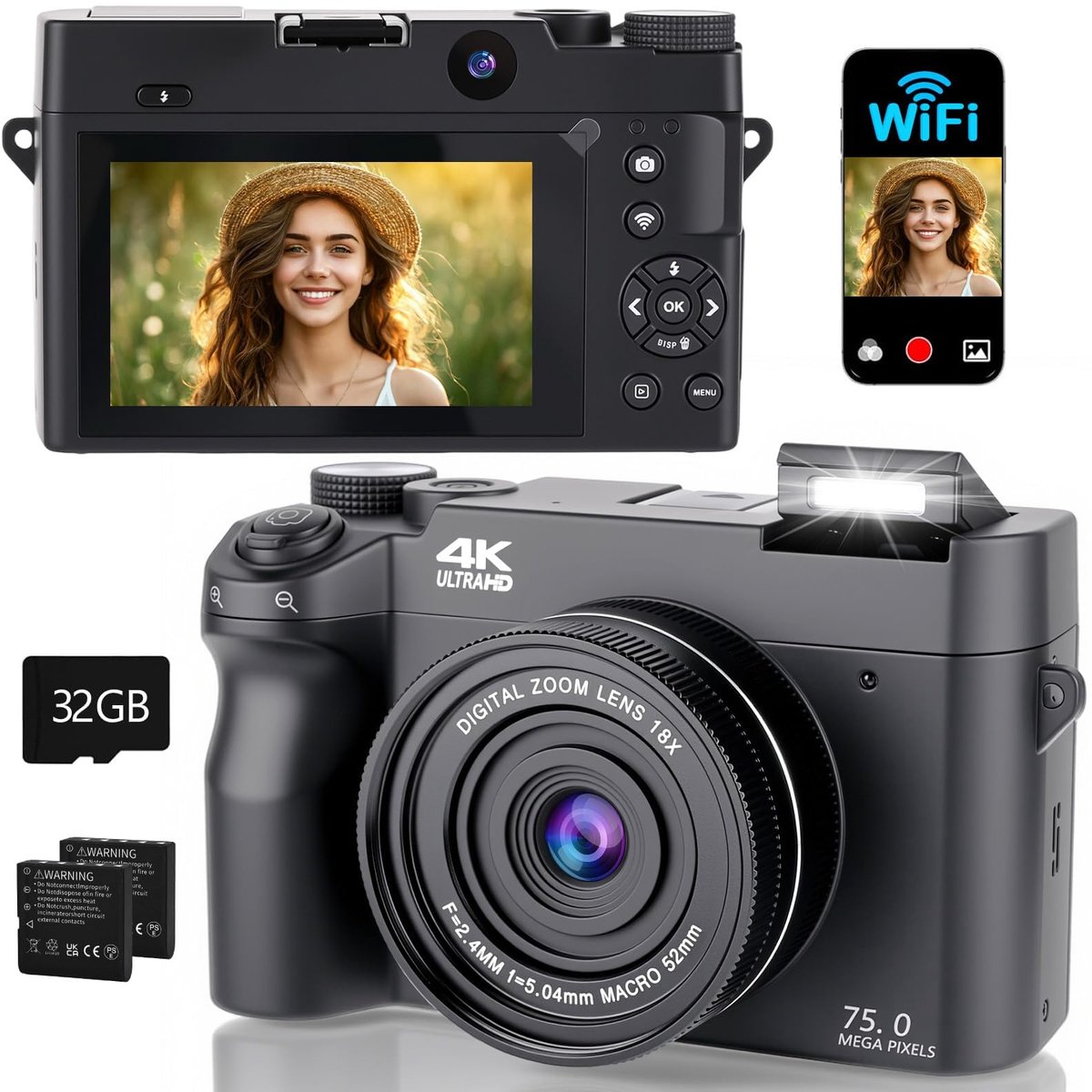 Digitale camera 4K 75MP - 3 inch lcd-scherm - 18x zoom - compacte vlogcamera voor beginners - ShopVlot