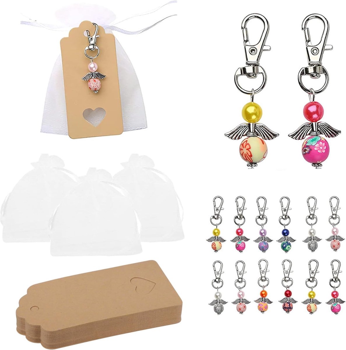 Guardian angel sleutelhangers 32 stuks - kleurrijke pendants - met organza zakjes - perfect als trouwbedankje - ShopVlot