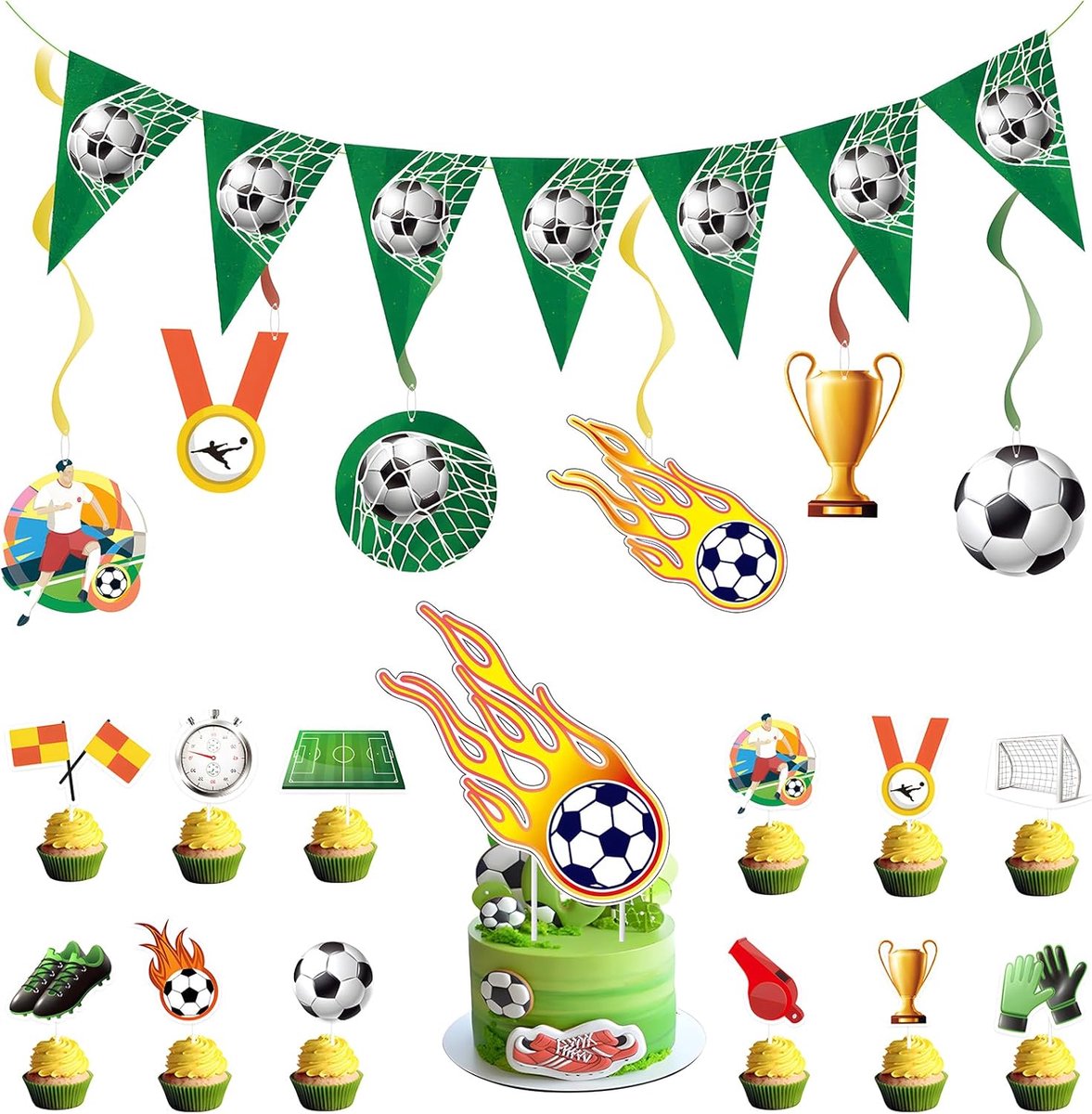 Decoraties voor verjaardagstaarten - Voetbalthema - Banner en vlaggen - Feestelijk voor kinderen - ShopVlot