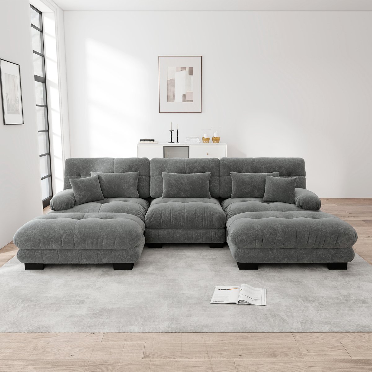 MEUNIQ U-bank 313 x 145 x 81 cm modulaire sofa met losse ottoman, diepe zit, chenille, grijs, voor de woonkamer