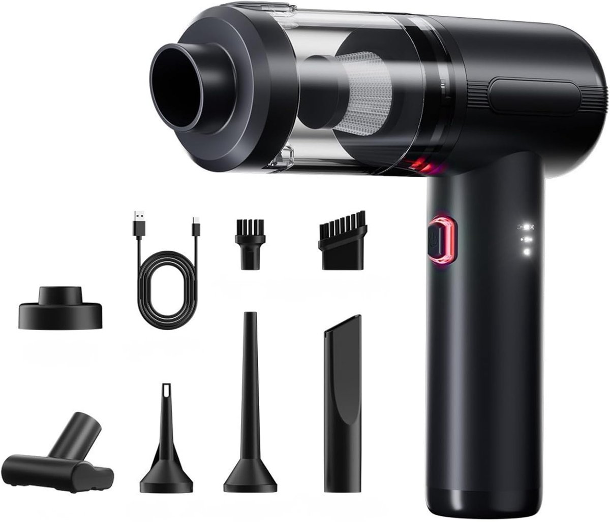 Accu, 2-in-1 mini-autostofzuiger, draadloos, 28000 PA, 3 versnellingen, 240.000 rpm, sterke elektrische stofblazer voor auto, keuken, kantoor, huis, camping, dierenharen, bank