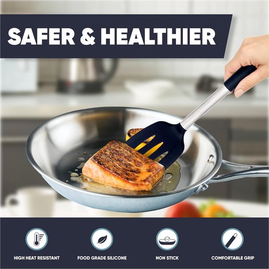 2er Set Robuste, Antihaftbeschichtete Silikon Pfannenwender - Hitzebeständig und BPA-frei - Ideales Kochutensil für Fisch, Eier und Pfannkuchen in stilvollem Schwarz — afbeelding 2