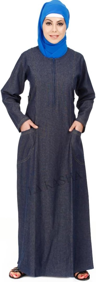 Abaya van denim, voorvak met ritssluiting.