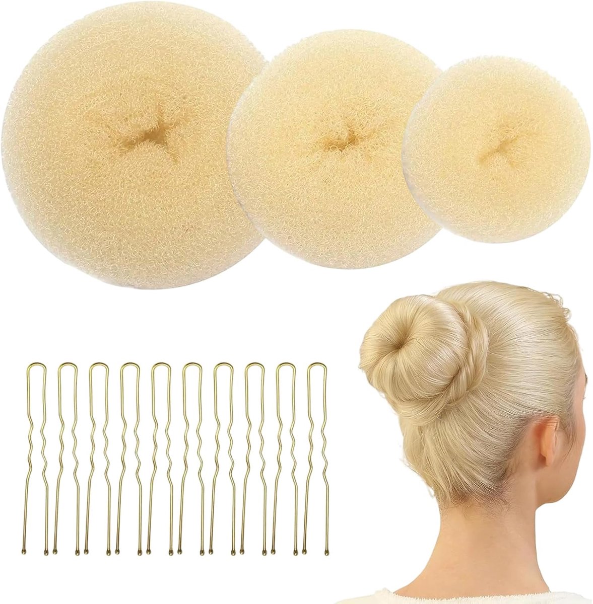 Set van 13 donuts, magische knot, 3 maten haarknot, met 10 U-vormige haarspelden, haaraccessoires voor dames, voor volumineuze knot, dans, bruiloft, dagelijks gebruik, beige