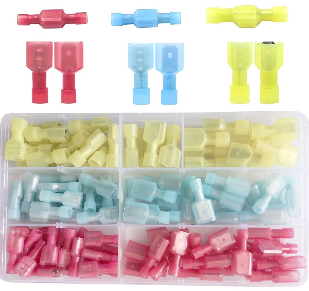 110 stuks kabelverbinders auto platte stekker nylon mannelijke vrouwelijke draadklemmen stekker elektrische geïsoleerde krimpterminals stootverbinders assortiment AWG 22-10 (DNS)