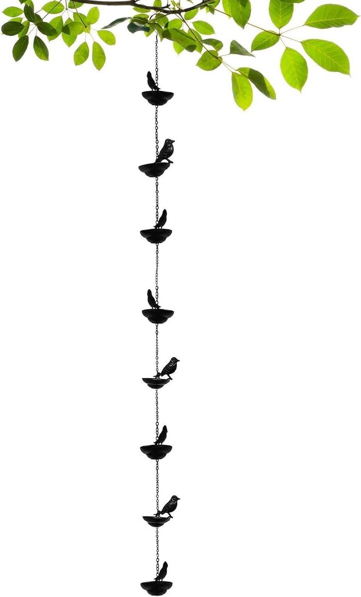 Regenketting Vogelthema - Dakgoot Ketting - Waterafvoer Decoratie - Roestvrij Metaal - 100 cm Lengte - Zwart