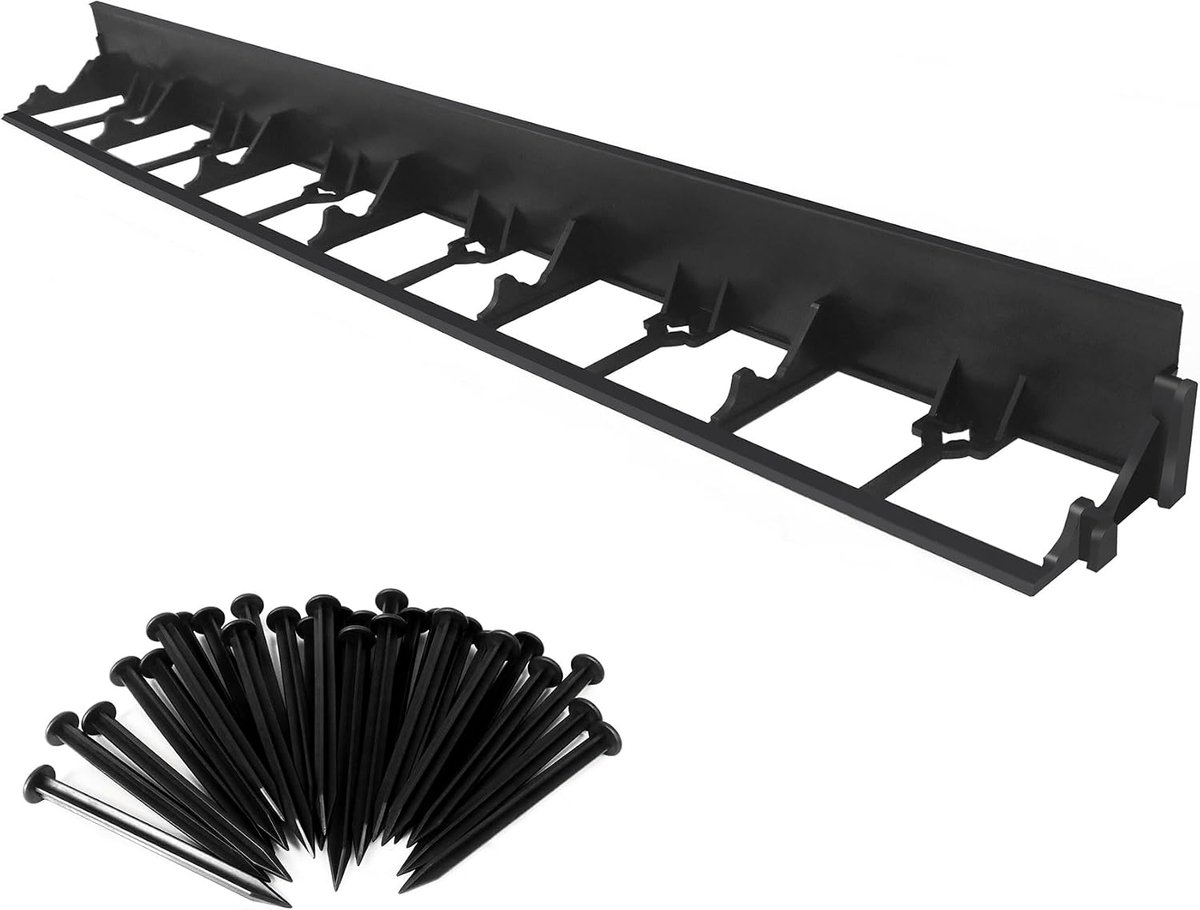Flexibele gazonrand, kunststof, 12 m, perkrand met 50 grondankers, perkrand, bestratingsrand, tuinpalissade, maairand, tuinomranding, bloembed, omranding (zwart, 78 mm hoog)