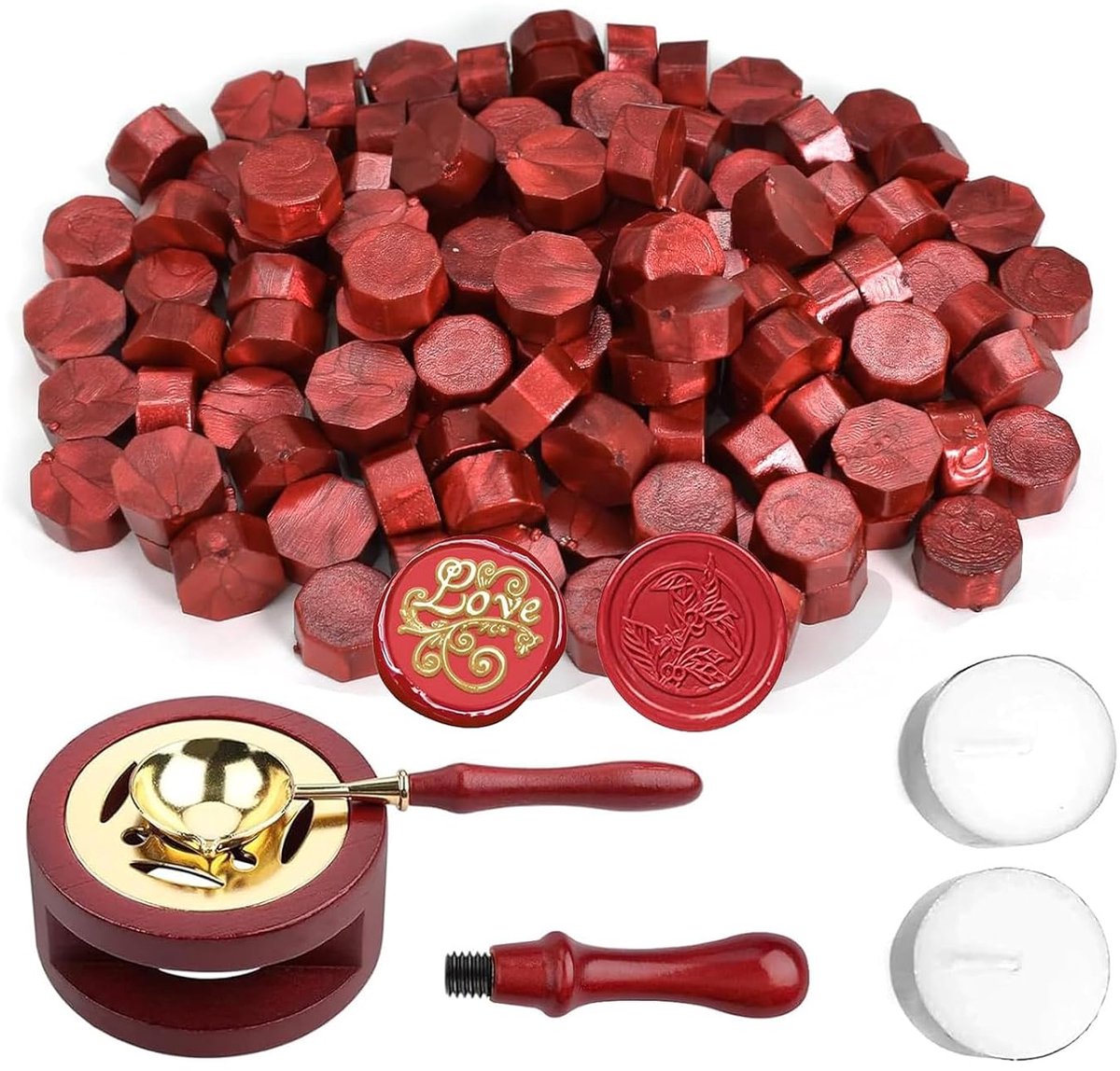 400 stuks zegelwas rood, achthoekige zegelwasparels, zegelwasparels met 1 lepel en 2 witte kaarsen, voor uitnodigingen, kaarten, enveloppen, wijnpakketten, geschenkverpakkingen