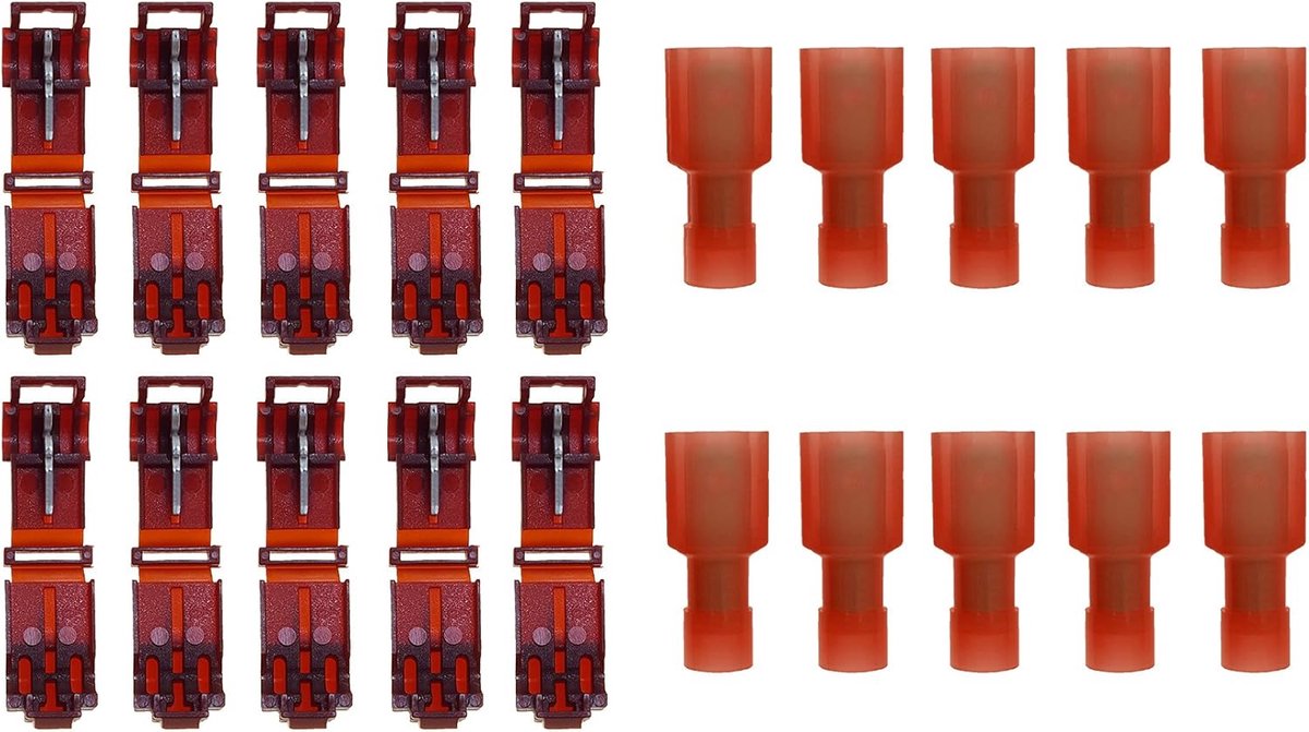 Snelverbinder, 10 x T-snelverbinder, rood + 10 x volledig geïsoleerde platte stekker, rood
