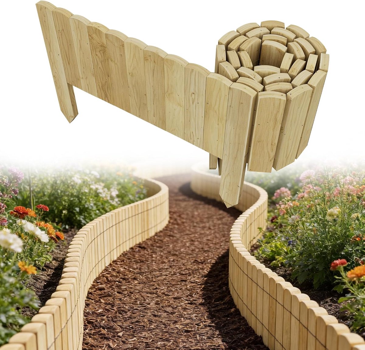 Houten rolhek, 200 x 10 cm, perkrand, gazonrand, maairand, rolrand voor gazon en bloembed, tuinhek, palissade, perkrand om in te steken (natuurlijk hout)