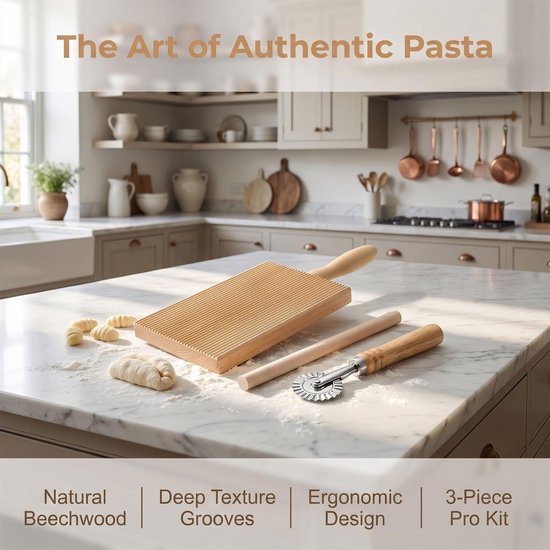 3 stuks gnocchi plank hout, gnocchiplank met deegwiel en deegroller, pasta plank hout, ravioliplank, pastaplank voor het maken van macaroni, tortellini, gnocchi — afbeelding 4