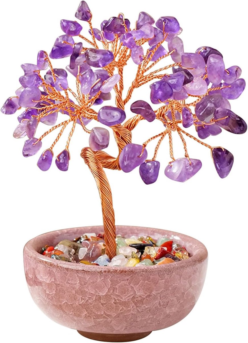Levensboom Geldboom Feng Shui Decoratie 81-kristallen Edelsteenboom Stenen Schalen Met Sokkel Levensboom Kristal Voor Cadeau en Geluk (Amethist)