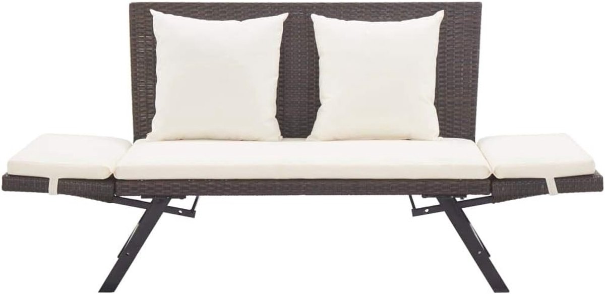 Tuinbank voor buiten, 2-zits van rotan, tuinligstoel, 2-in-1, van bruin polyrotan, ligstoel voor de tuin, ligvlak van rotan (130-176) x 70 x 80 cm