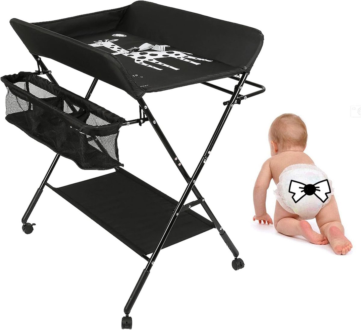 Aankleedkussen, opvouwbaar, antibacterieel, massagetafel, net, ruimtebesparend (80 x 66 x 98 cm, zwart)
