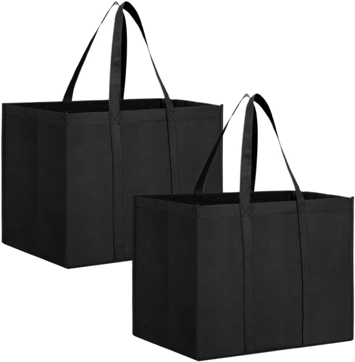 Zwarte boodschappentassen met handgrepen, 41 × 33 × 26 cm, opvouwbaar en herbruikbaar, geschikt voor winkelen, picknicks, reizen en stranduitstapjes.