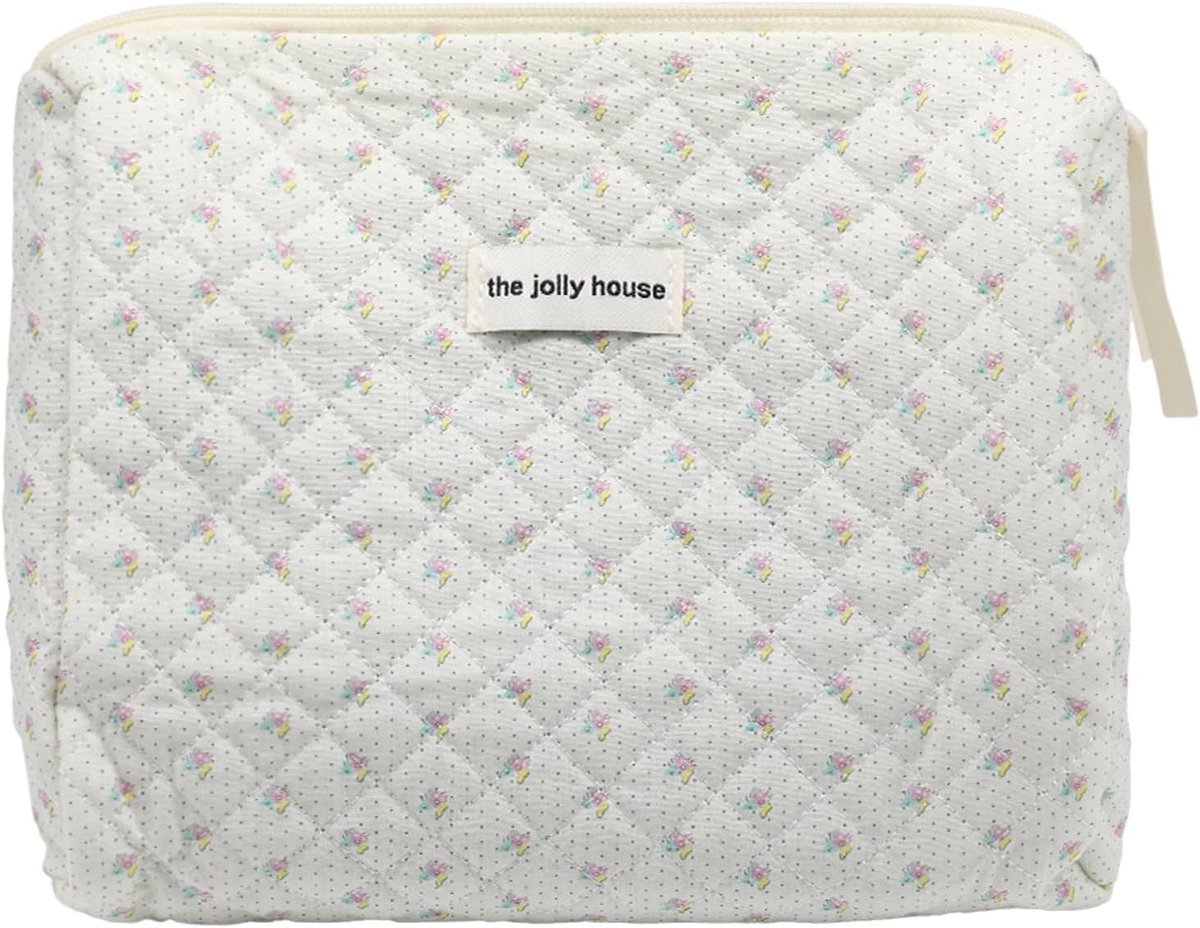 Makeuptas Beige 25x24x7,5 cm - Katoen Gevoerd - Bloemenpatroon - Perfect voor Reizen - ShopVlot