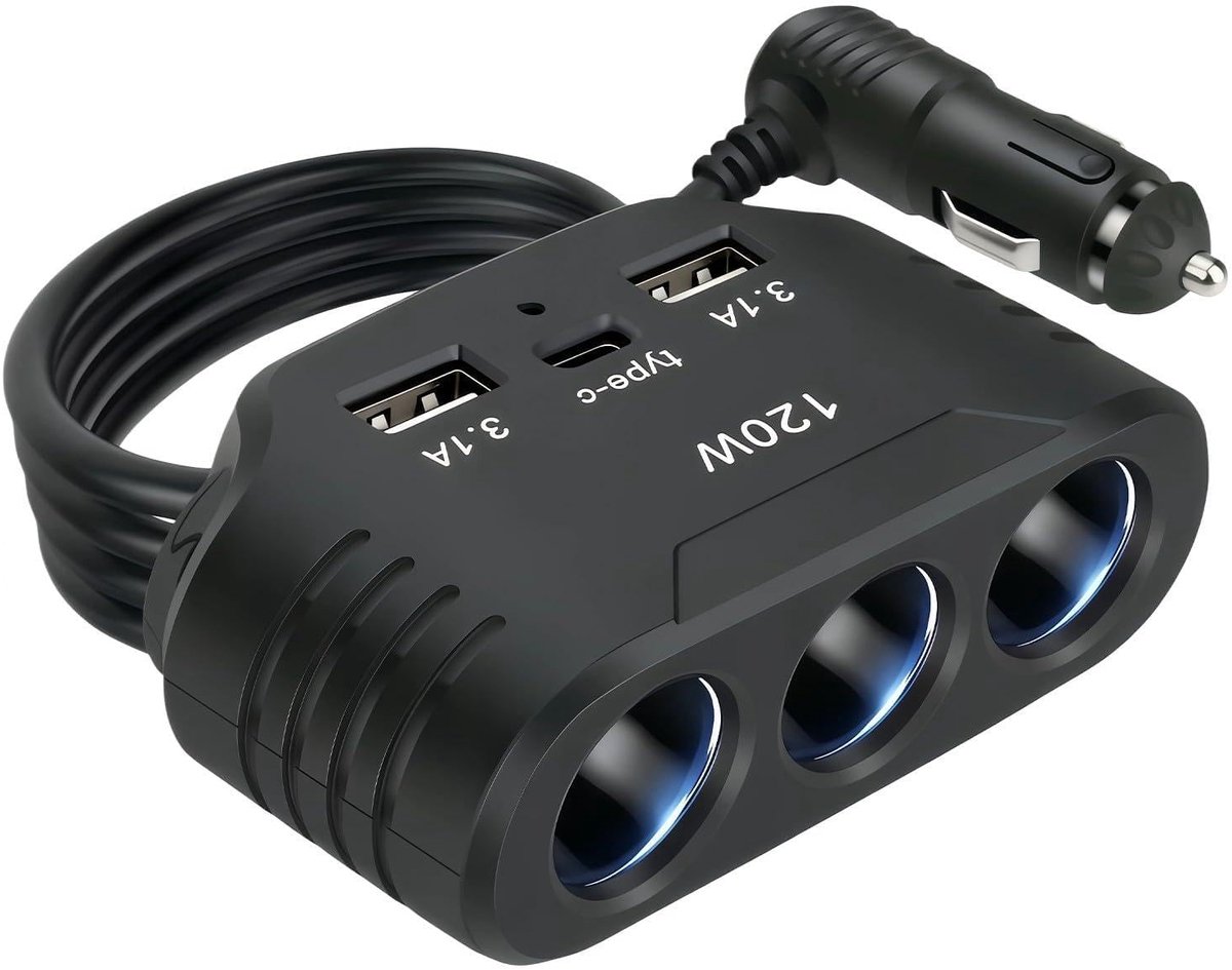 Sigarettenaansteker verdeler 120 W - 12 V 24 V - 3 stopcontacten - 2 USB-A en 1 type C poort - ideaal voor onderweg - ShopVlot