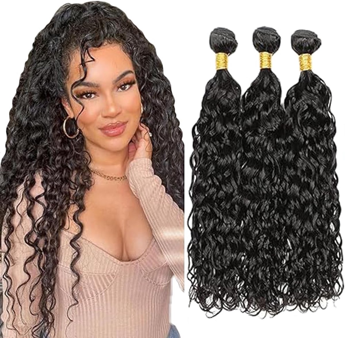 Human Hair Bundles 22 24 26 Inch - 1B Natuurlijk Zwart - Dubbel Weft Watergolf - Vol en Zacht - ShopVlot