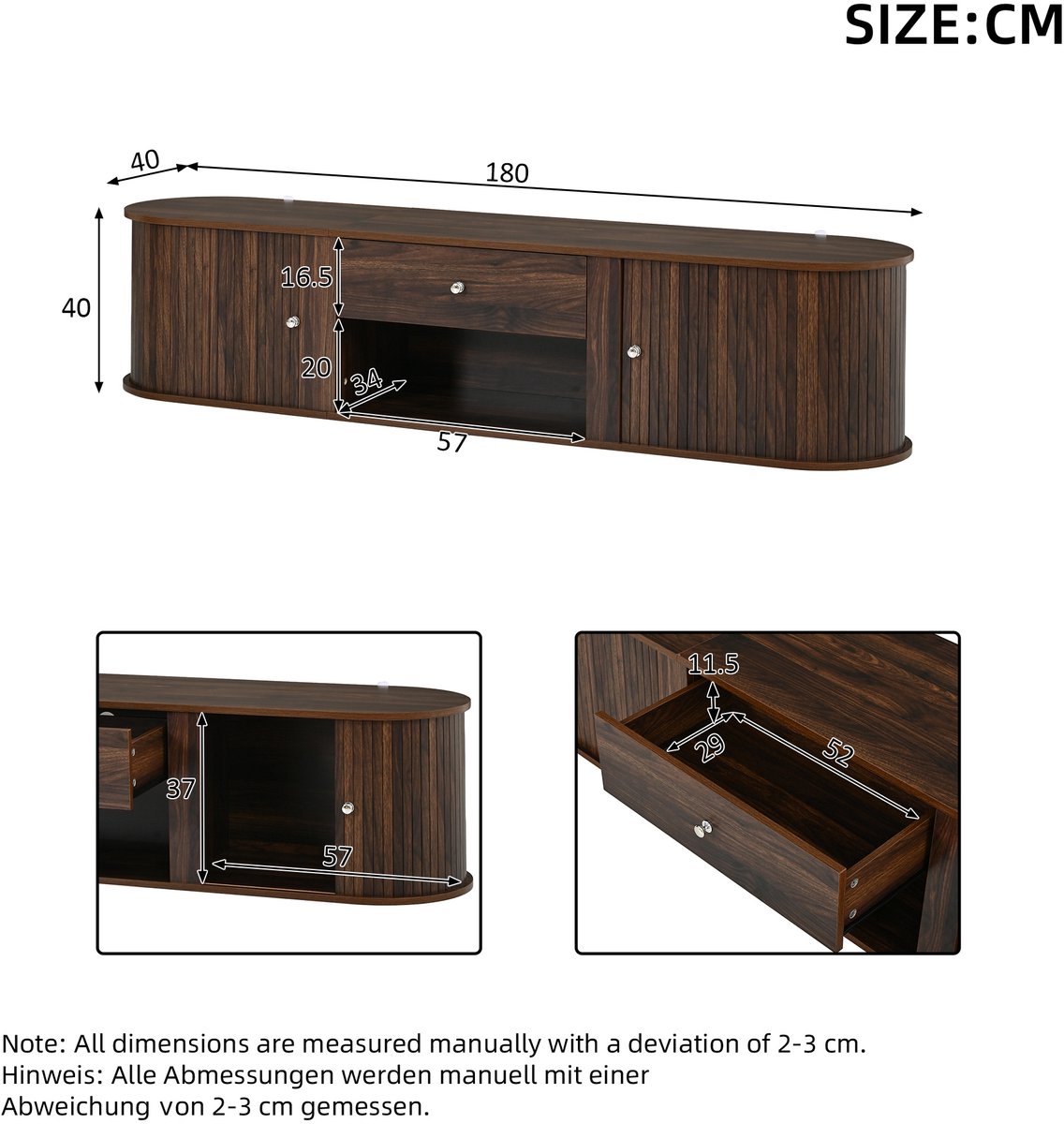 OKWISH TV-Meubel - Lowboard Met 2 Roldeuren En 1 Lade - Voor Woonkamer En Eetkamer - Walnootkleurig Hout - 180x40x40 cm