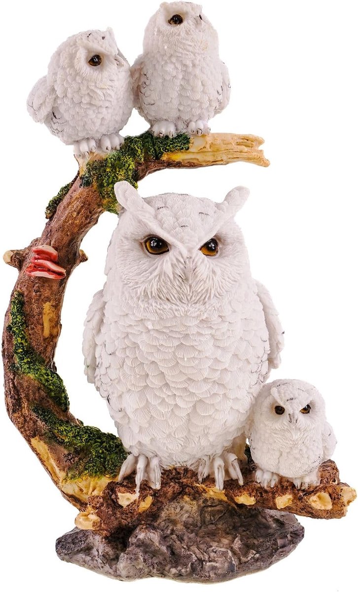 Uil figuur met jongen 32 x 22 x 17 cm - handgeschilderd polyresin - decoratie voor woonkamer en tuin - ShopVlot