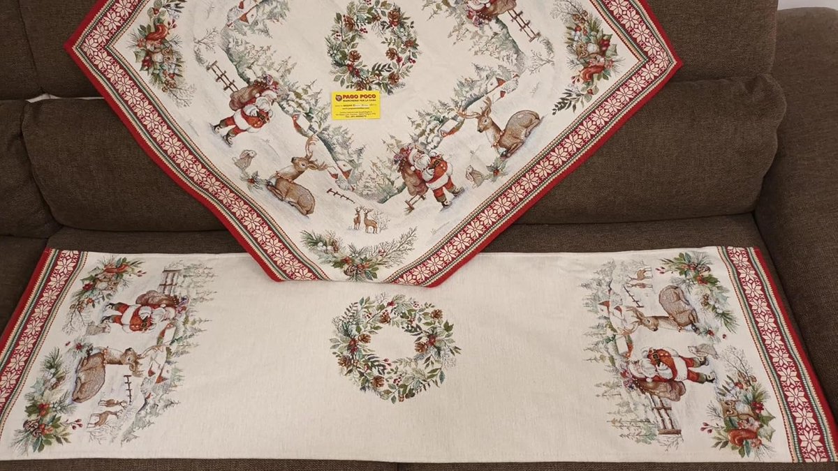 Tafelloper 90 x 90 cm - Kerst met Santa en rendieren - 100% katoen Gobelin - Perfect voor feestelijke tafels - ShopVlot