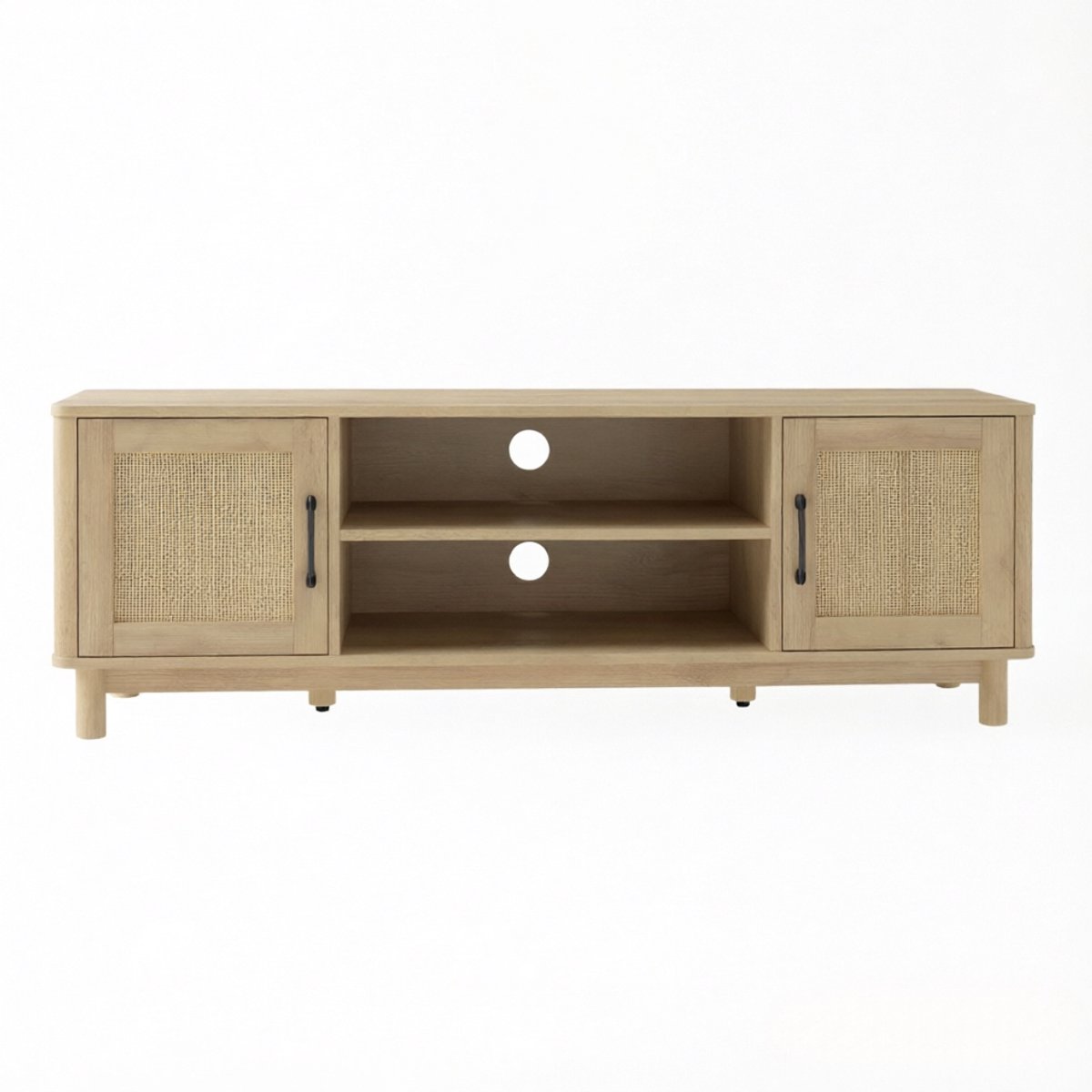 OKWISH Tv-Meubel - Open Vakken en 2 Deuren - Voor Woonkamer en Tv Tot 65 Inch - Rotan en Hout Eikenkleur - 135x39x45 cm