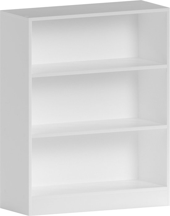 Lege witte 3-planken kast, van voren gezien, op een witte achtergrond.