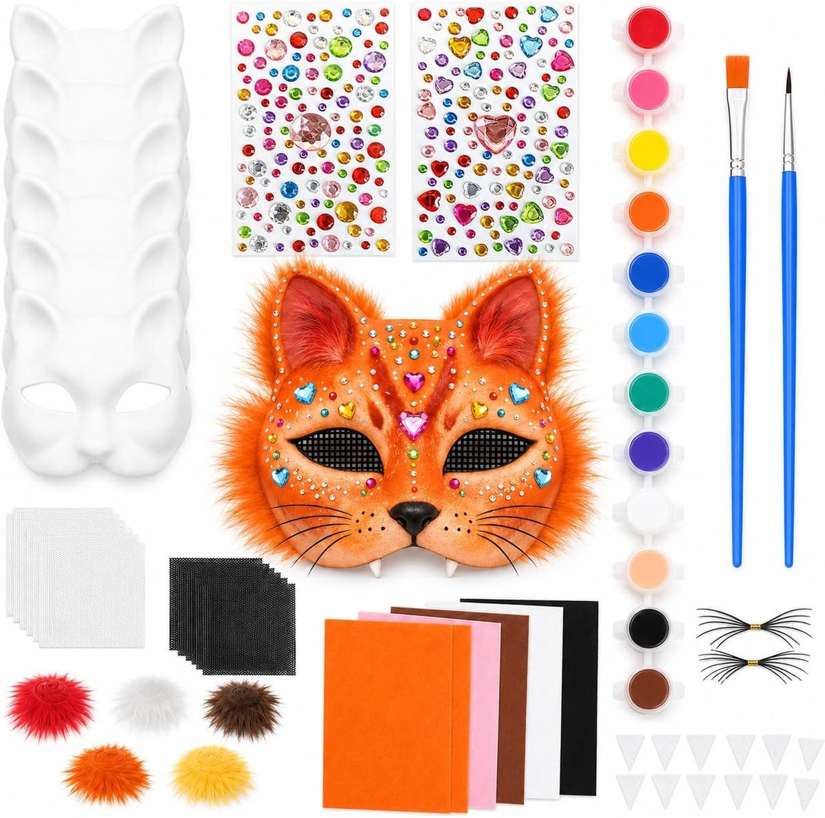 Doe-het-zelf kattenmaskerset - 6 stuks - beschilderen met 12 kleuren - creatief knutselplezier - ShopVlot