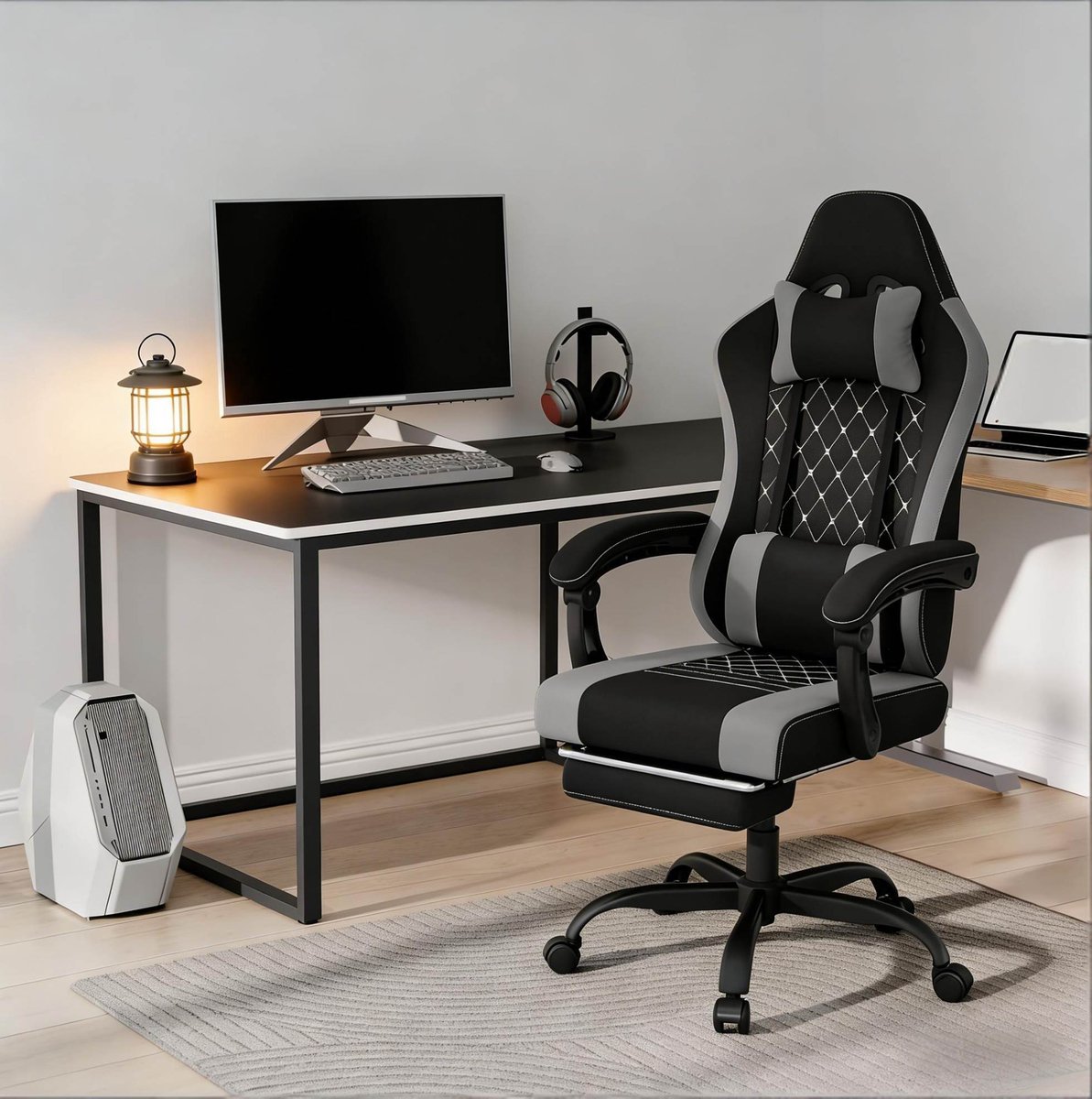 MODFU Gamingstoel - Ergonomisch Draaibaar Met Massagekussen - Mesh Metaal - Zwart Grijs