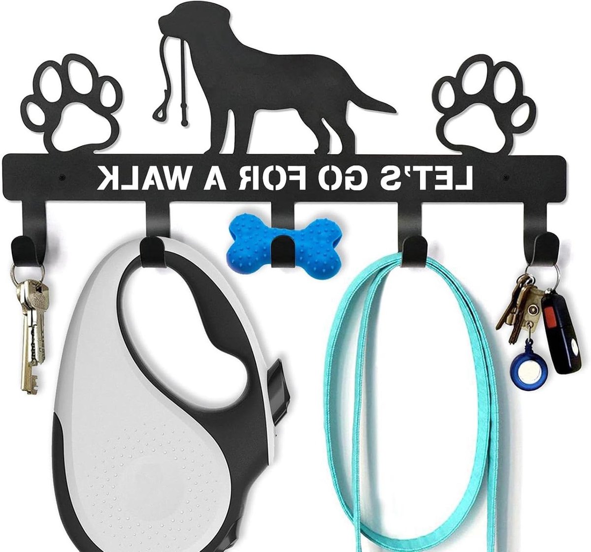Hondenhalshaken - Sleutelhaken Honden - Opbergen Huisdierbenodigdheden - Met 5 Haken - 28 x 15 cm - Zwart