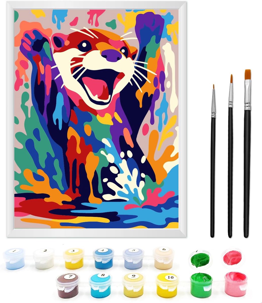 Schilderen op nummer 18 x 24 cm - kleurrijke wasbeer - met lijst en 3 penselen - creatief plezier voor kinderen - SnelShoppen