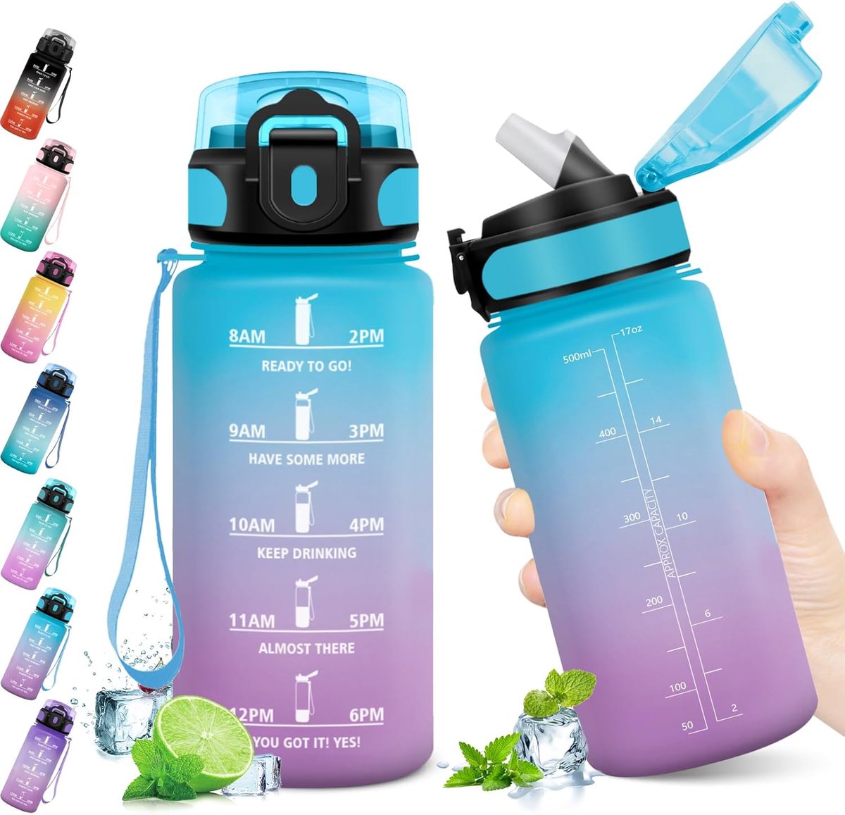 SnelShoppen - Kids Water Bottle 500 ml - Sport Drinkfles met Motivational Tijdsaanduiding, Drinkfles met Rietje, 1-Klik-Open, Voor Kinderen, School, F