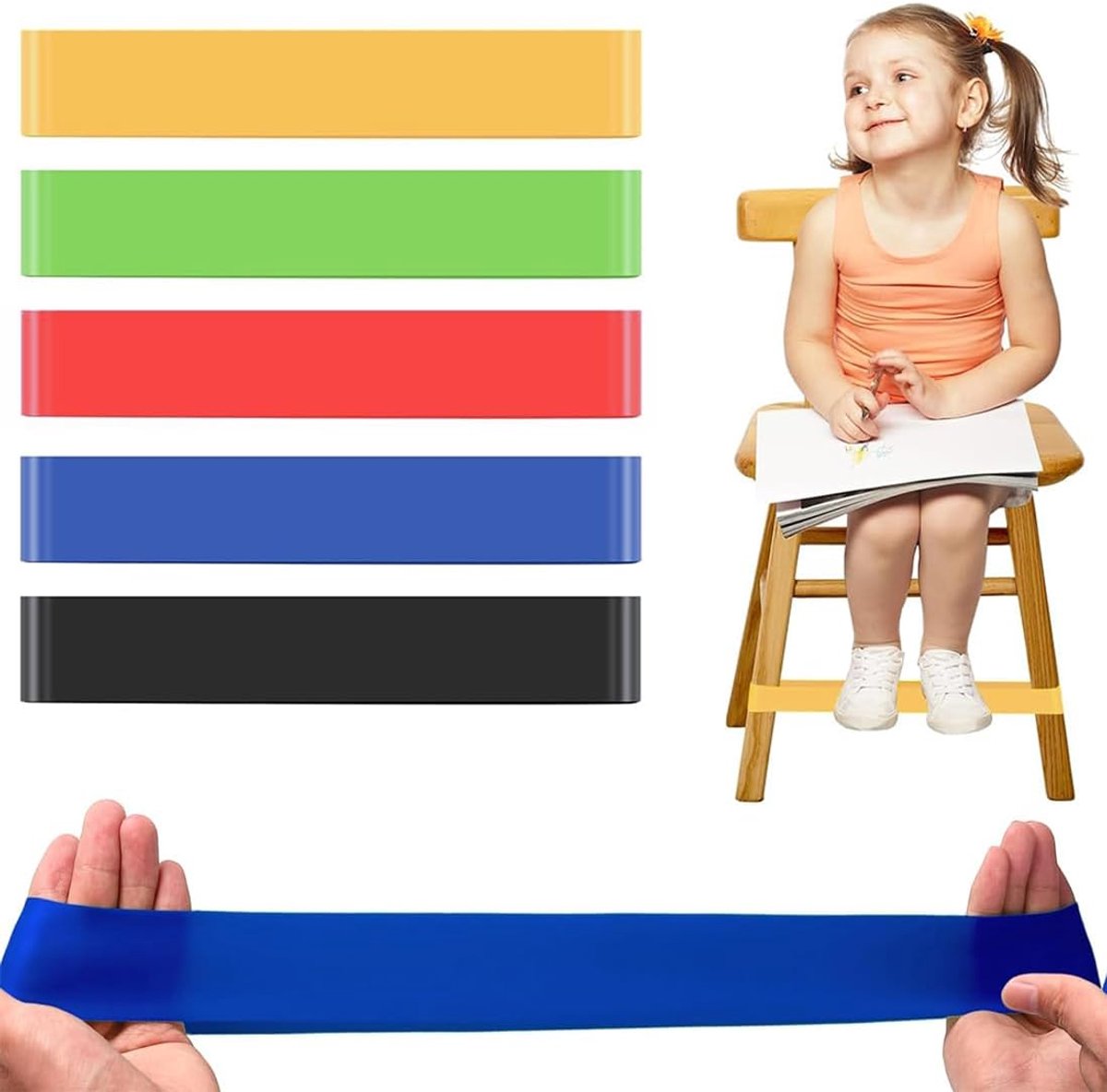 5 stuks kinderstoelbanden, anti-stressbanden, kleurrijke flexibele yoga-banden voor calisthenics, voeten voor ADHD