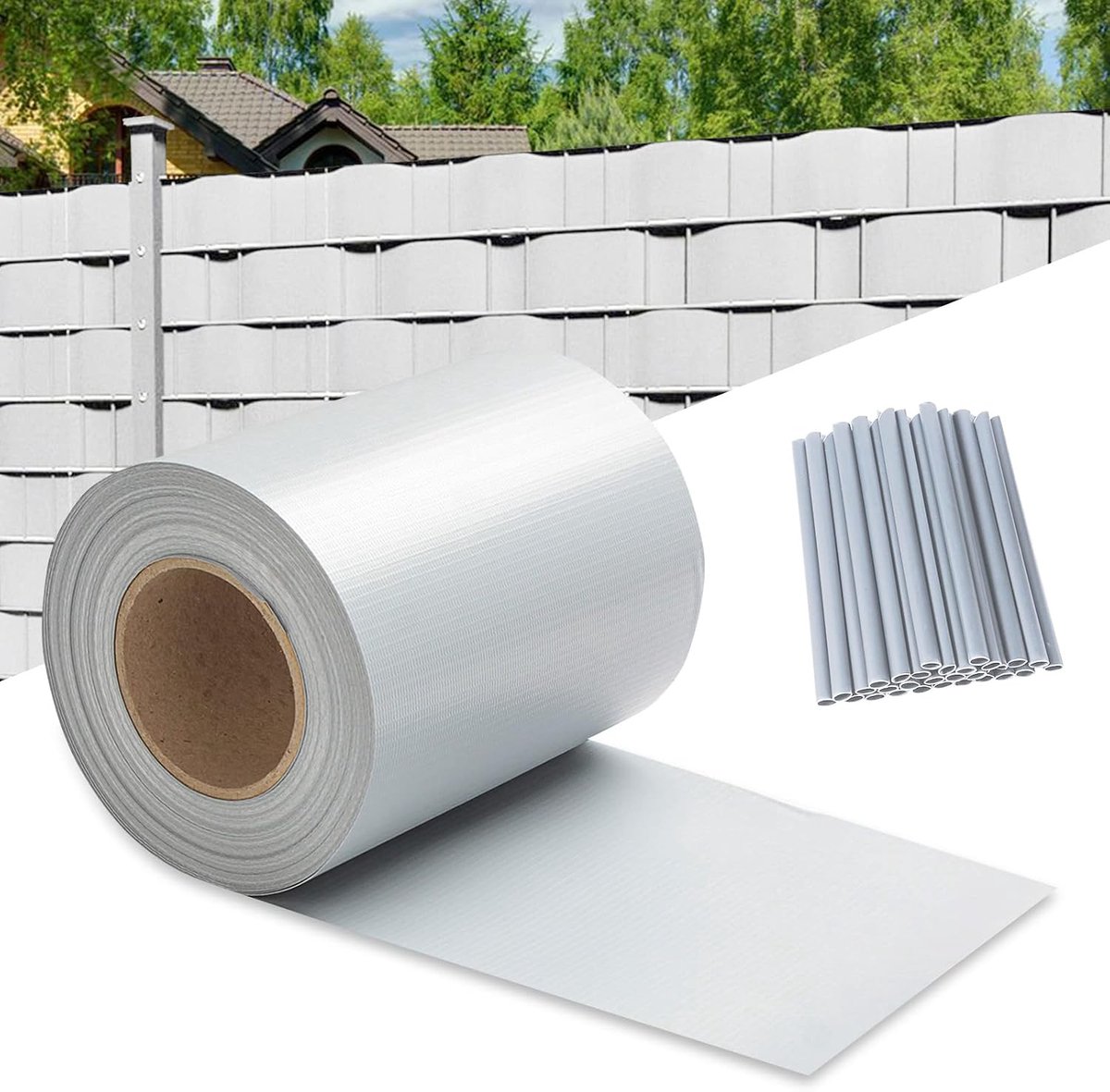 zichtbescherming tuin 50 meter met 40 clips, PVC zichtbeschermingsstrips voor hek met dubbele staven, zichtbeschermingsschutting weerbestendig blickdicht, hekfolie 450g/m², grijs