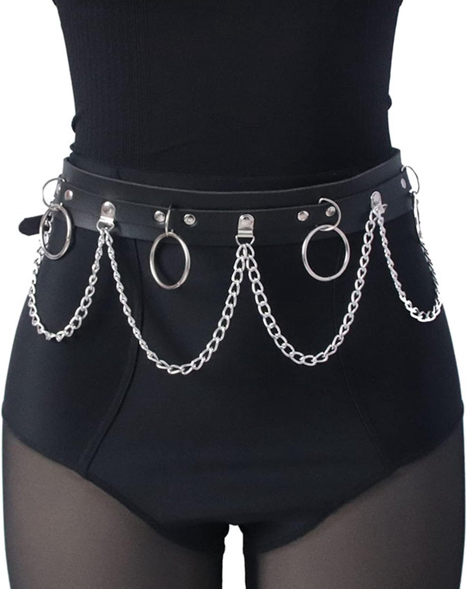 taille-, body-kettingriem, zwart lederen tailleriem, verstelbaar, voor dames en meisjes die houden van rock en rave, Eén maat, Leer, Niet van toepassing. | Verstelbare zwarte riem voor tailleriemen Rock Rave, voor dames en meisjes