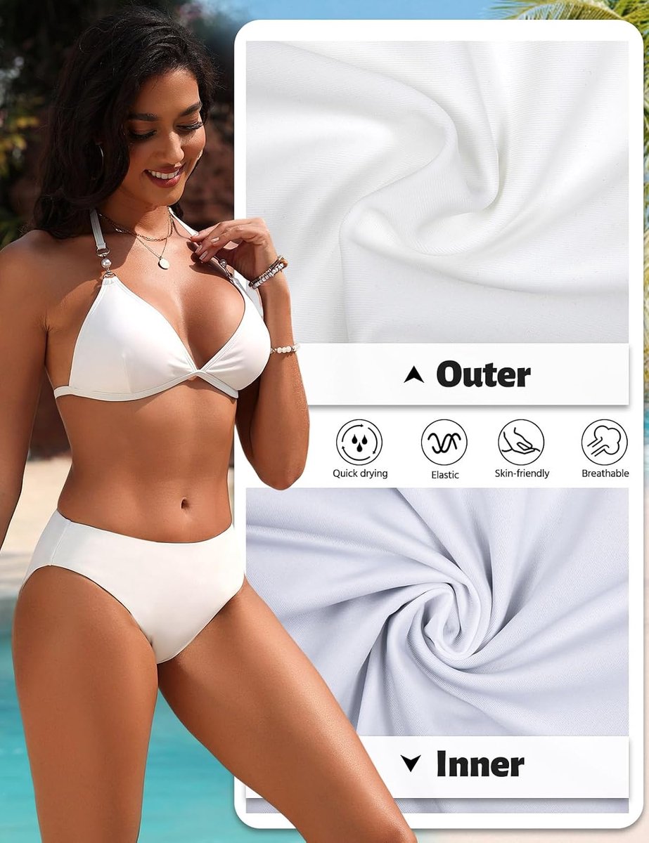 Bikini Dames Set Sexy Driehoek Halter Tweedelige Badmode Bikini Top Tanga Bikinibroekje Badkleding Verstelbaar Badpak Met Kralen