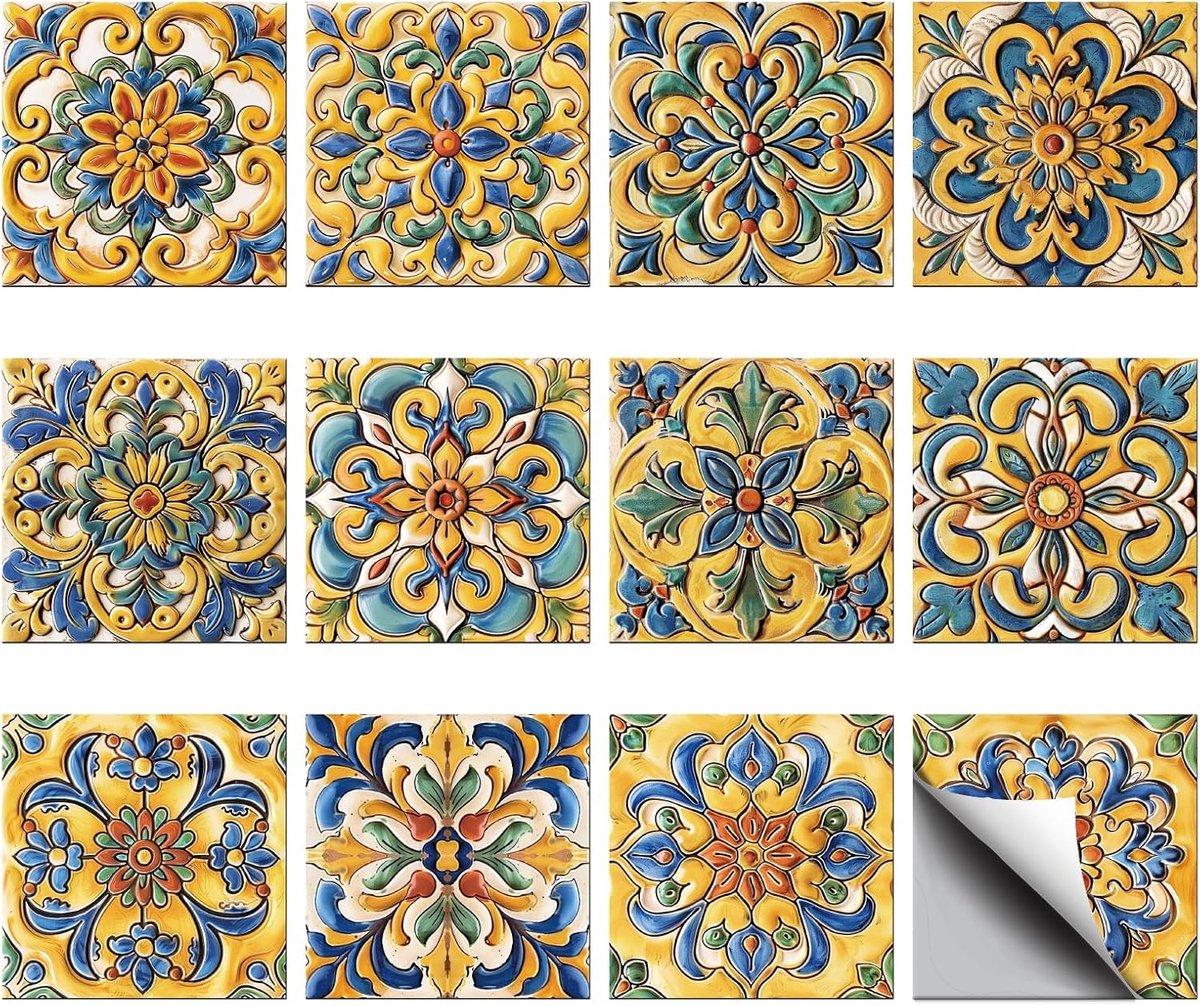 36 stuks, 12 stijlen, zelfklevende wandtegels verwijderen en opplakken, backsplash tegelstickers retro gele mandala tegelstickers waterdichte vierkante muurstickers voor keuken badkamer
