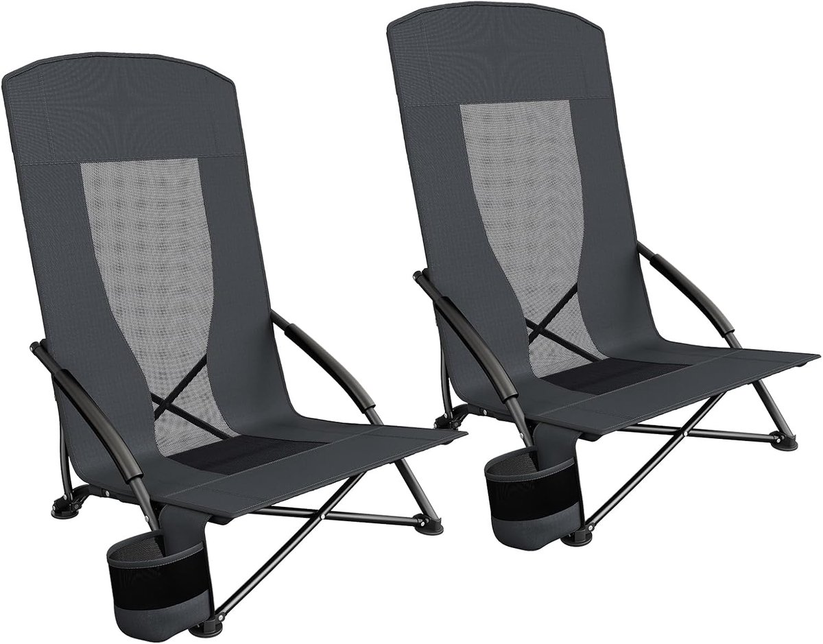 Stoelen - Hoge rugleuning - Lage strandstoel met draagtas - Bekerhouder - Ademende gaasstof - Voor buiten, kamperen, zandconcert