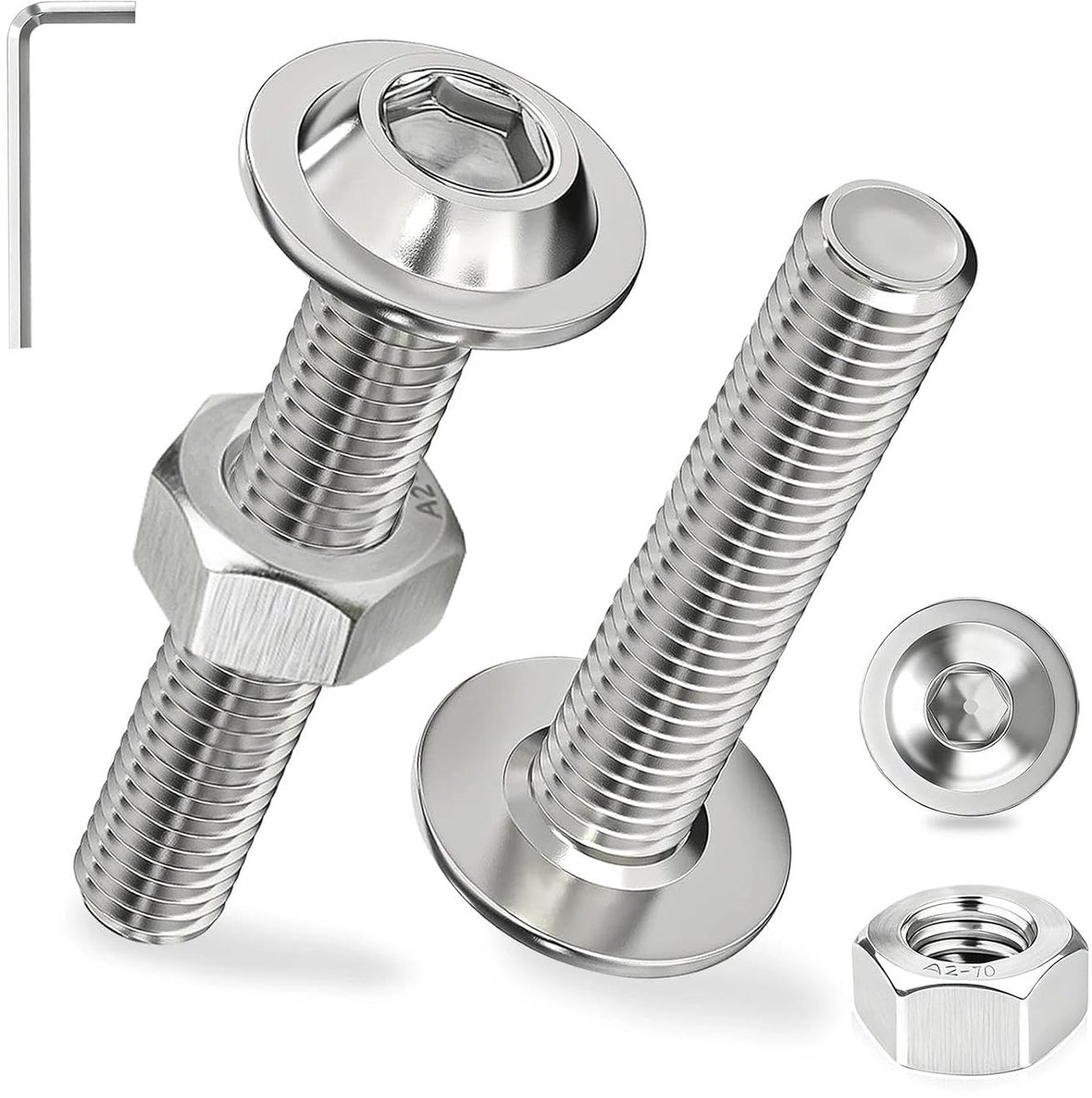 platte kopschroeven roestvrij staal, 12 sets M8 x 50 mm schroeven lenskopschroeven binnenzeskant met moeren en flens A2 V2A metrisch volledige schroefdraad voor houten meubelmontage