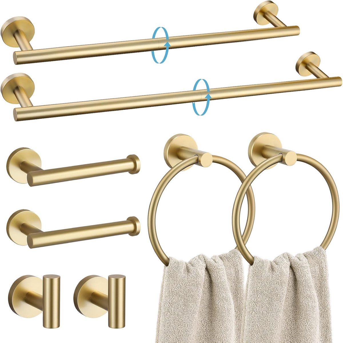 Geborsteld goud 8-delige badkamer hardware set, SUS304 roestvrij staal 24 inch en 20 inch badhanddoek bar set, ronde badkamer accessoires kit wandmontage