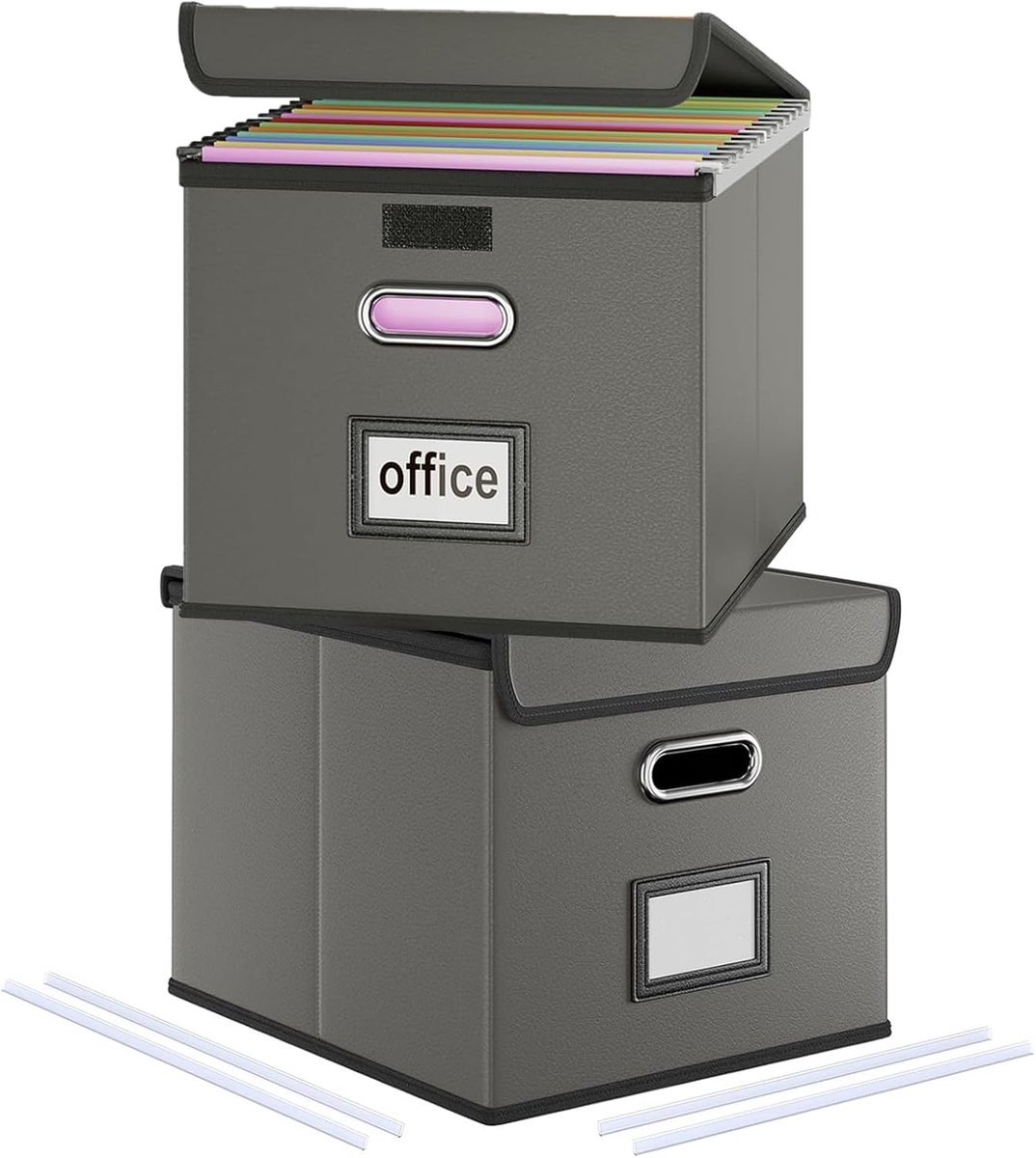 2 stuks opbergdozen met deksel, upgrade A4 hangmappenbox van leermateriaal in stijlvolle lederlook, inklapbaar, grijs, geschikt voor thuis en kantoor, en bestand opbergdozen, hangregisterbox