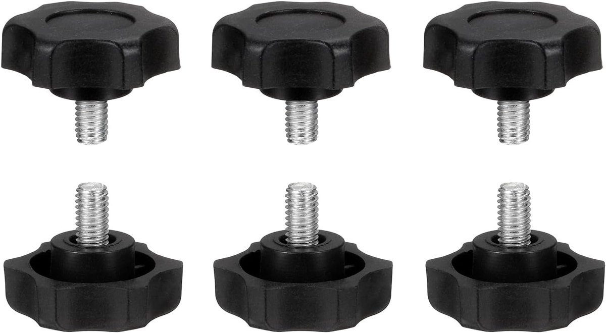 6 stuks sterknoppen buitendraad M6 x 10 mm (stap 1 mm) van koolstofstaal voor handmatig spannen, vastzetschroeven met schroefdraadstiften, zwart
