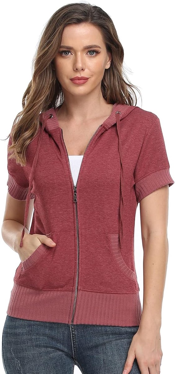 Dames korte mouw hoodie rits jas sweatshirt met zakken